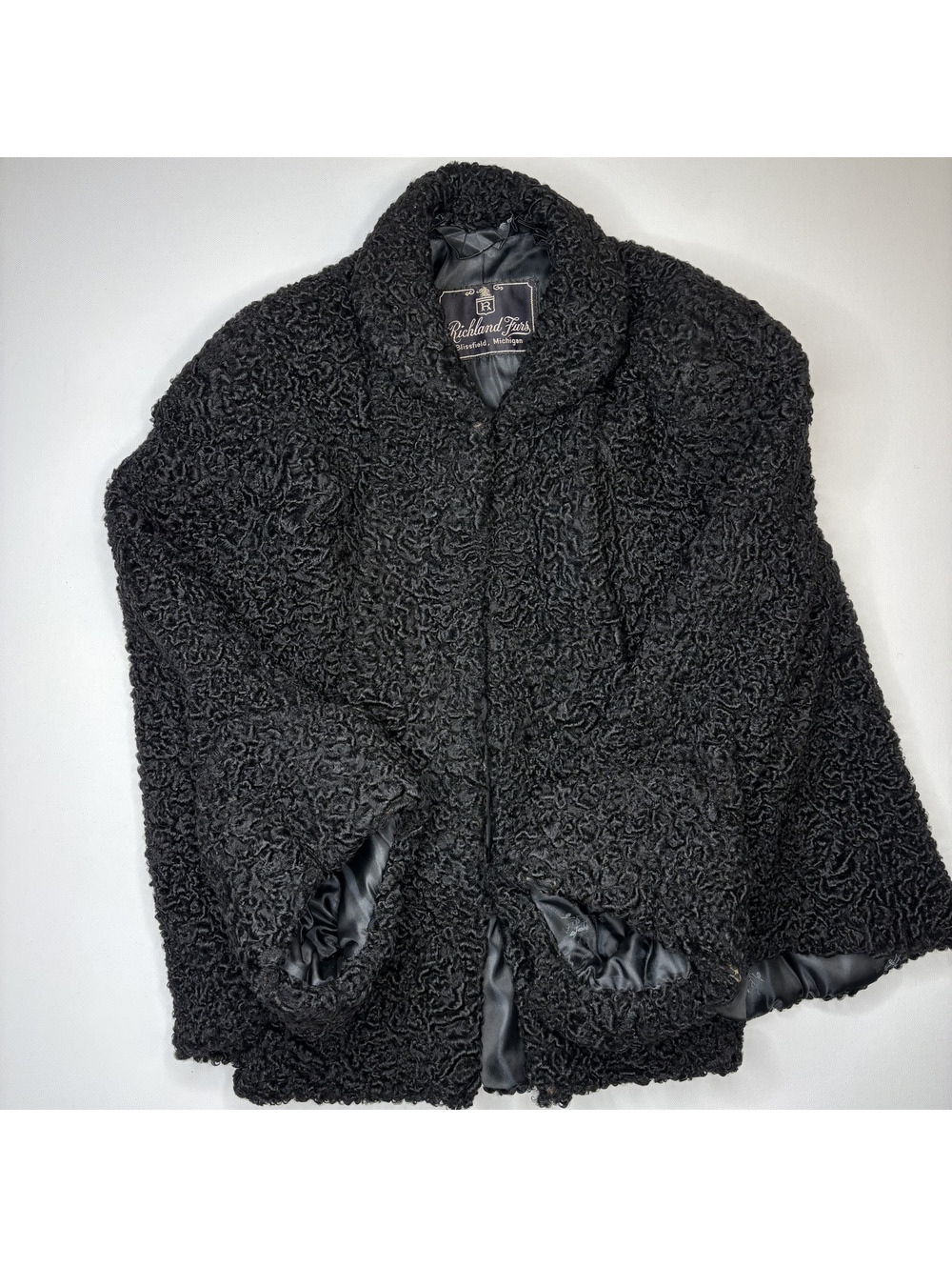 Vintage Richland Furs Black Faux Curly Lamb Fur Wrap Shawl
